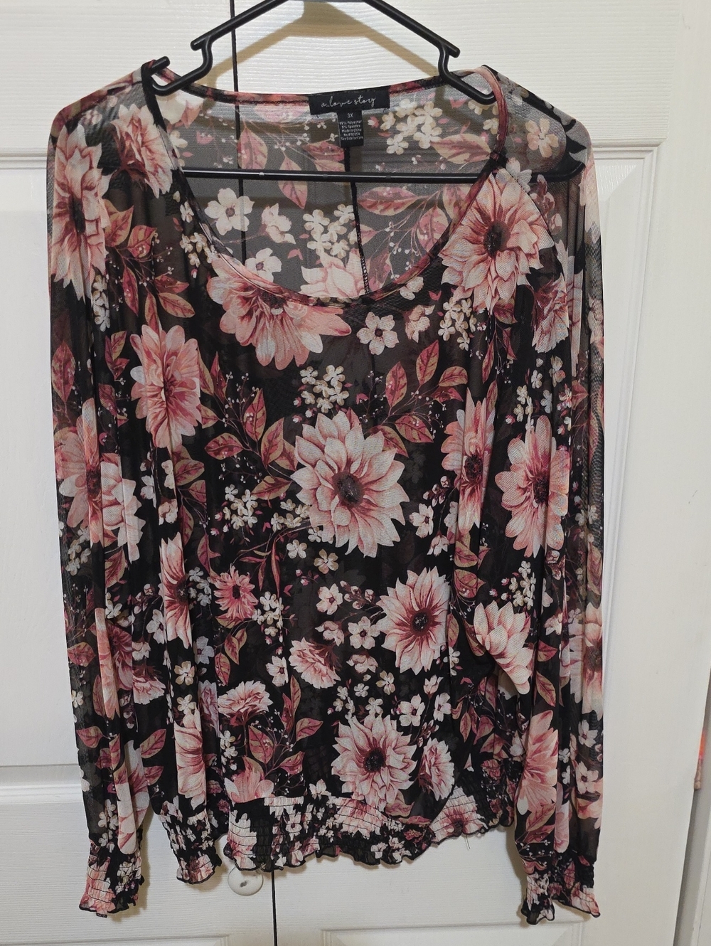 Floral Mesh Long-Sleeve Top in Black and Pink